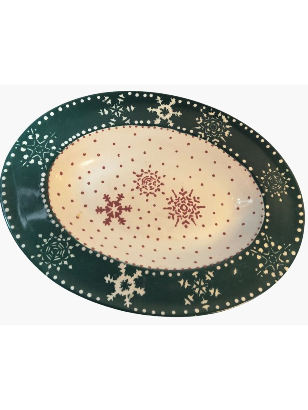 Christmas Snowflake Platter Oval Serving Green White Vintage 2003 Steamboat CO